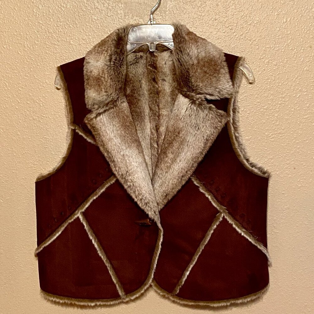 Women's Faux Fur Suede Leather Vest Rich Brown Western Cozy Retro Aprox Size M